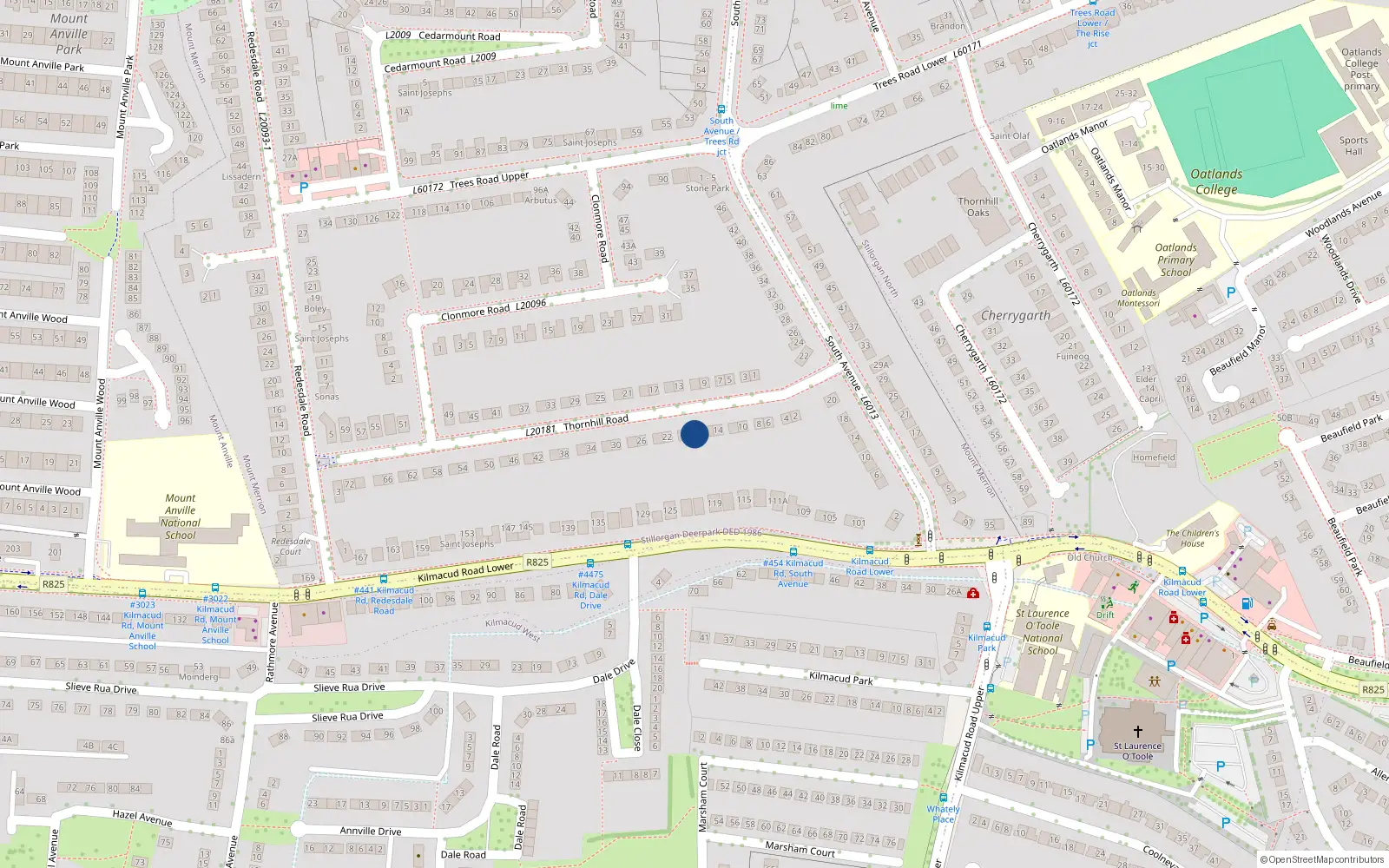 Overhead map showing the location of 18 Thornhill Road, Blackrock