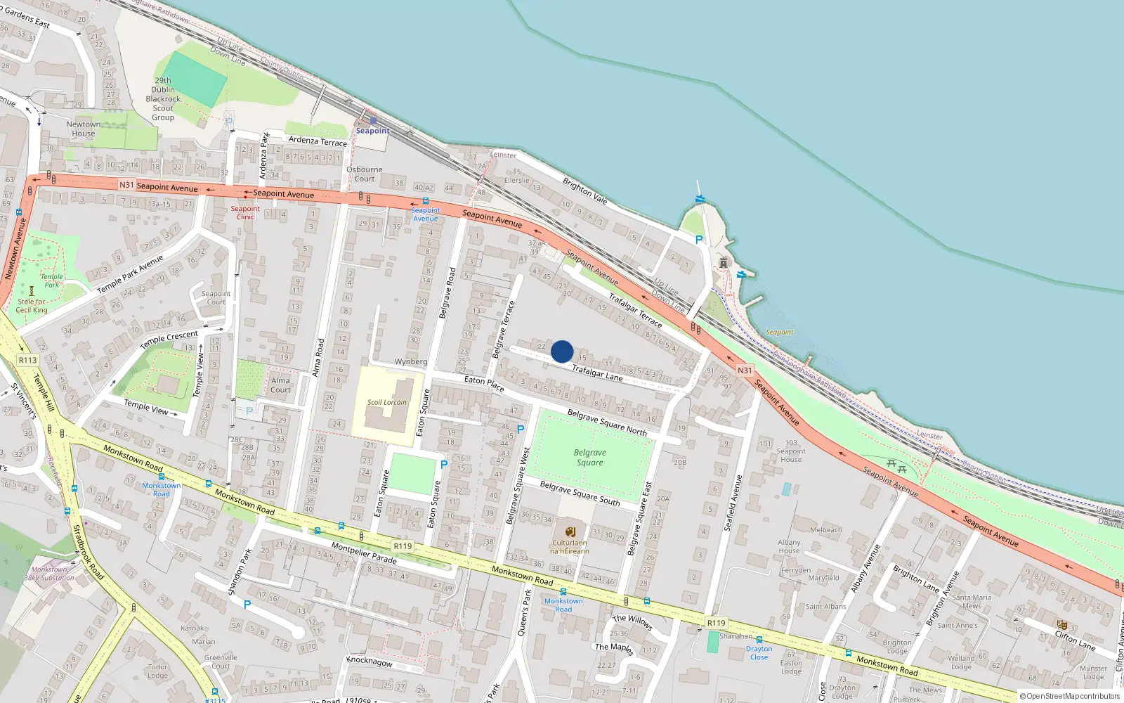 Overhead map showing the location of 18 Trafalgar Lane, Blackrock