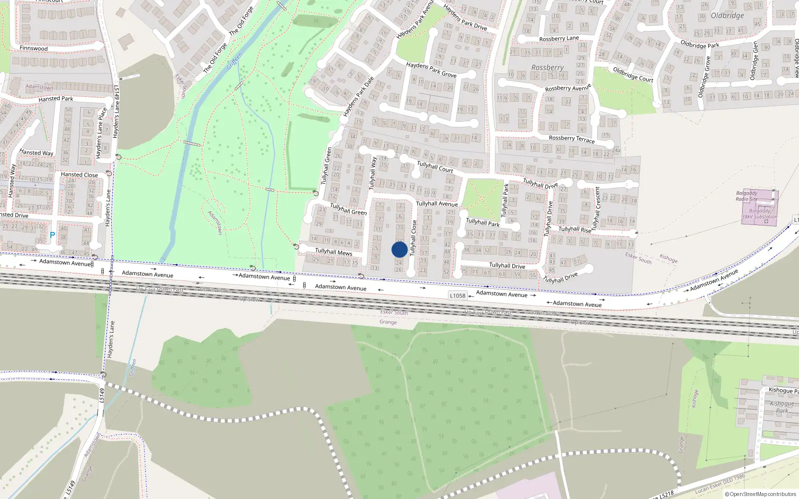 Overhead map showing the location of 18 Tullyhall Close, Lucan, Dublin