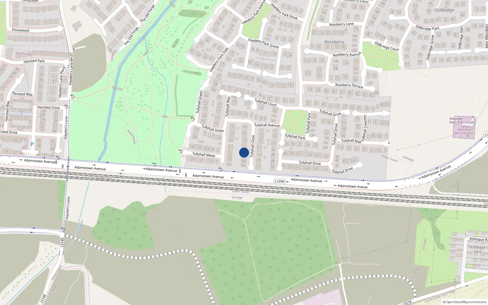 Overhead map showing the location of 18 Tullyhall Close, Lucan