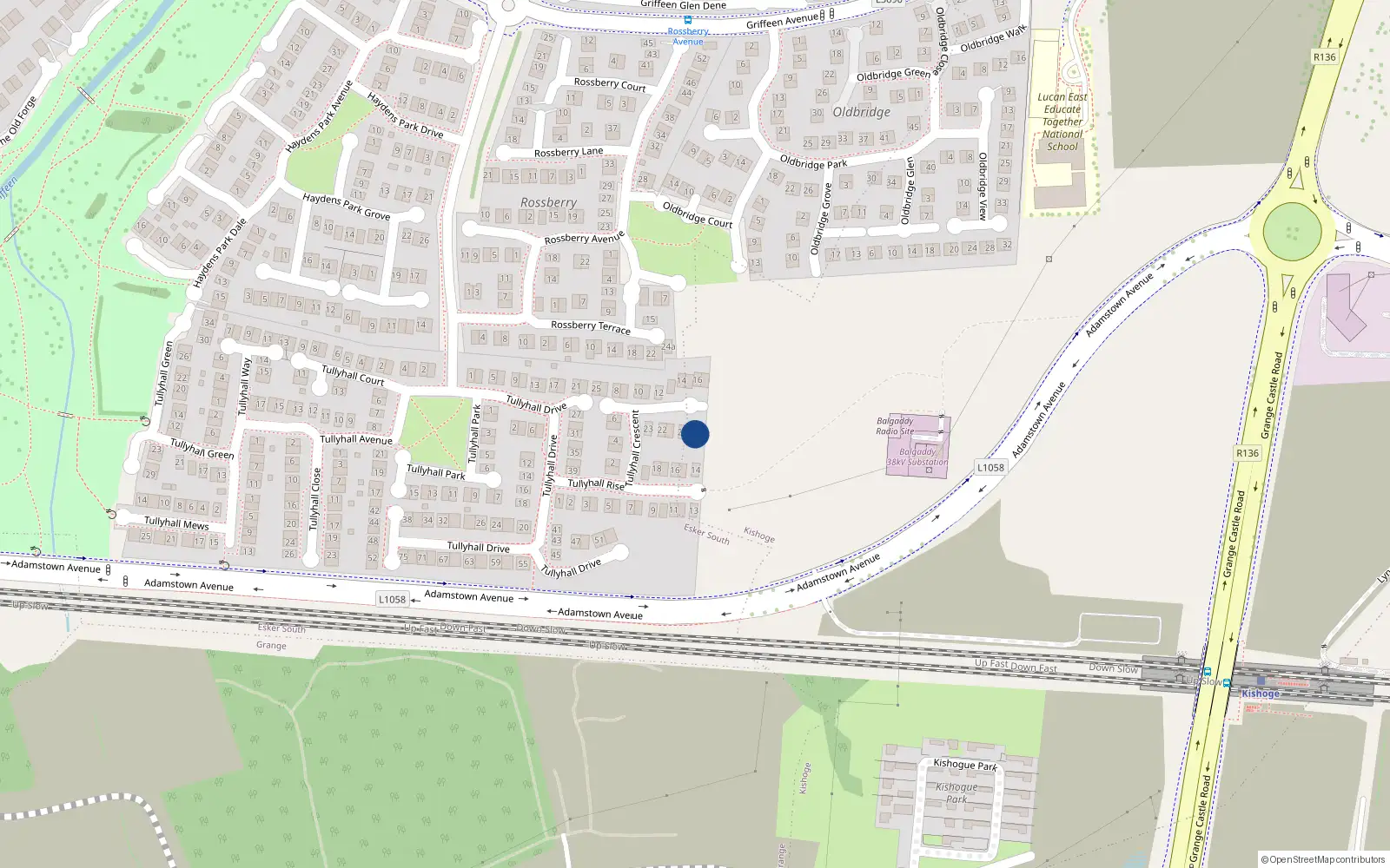 Overhead map showing the location of 18 Tullyhall Crescent, Lucan, Dublin