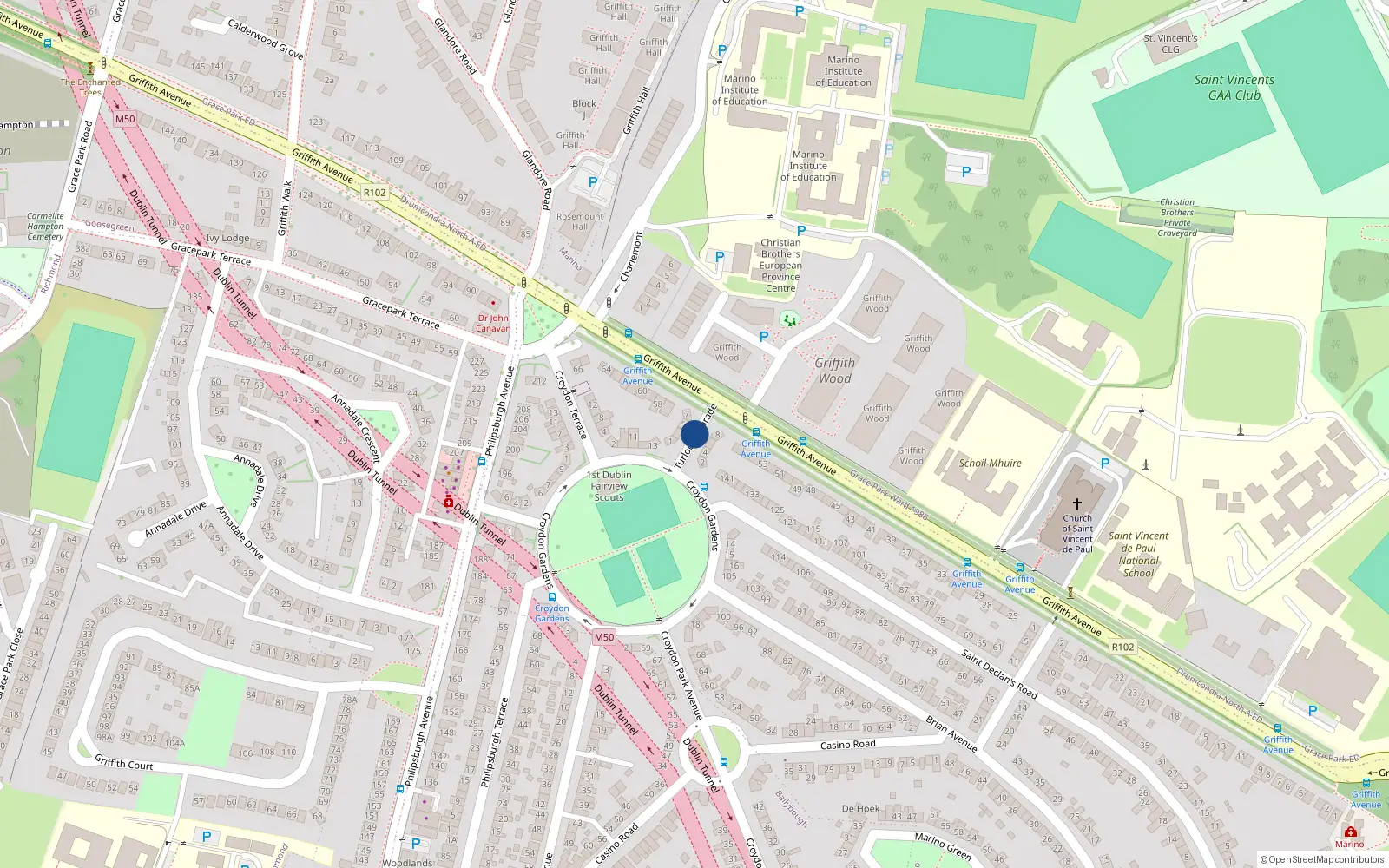Overhead map showing the location of 18 Turlough Parade, Dublin