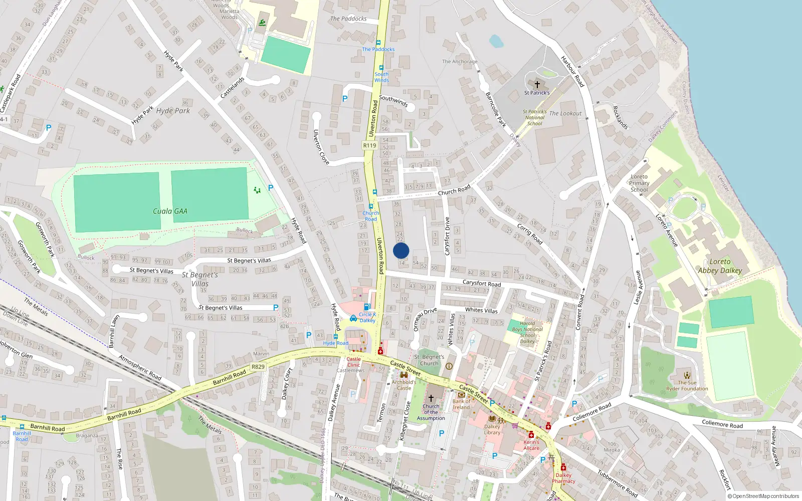 Overhead map showing the location of 18 Ulverton Road, Dalkey, Co Dublin