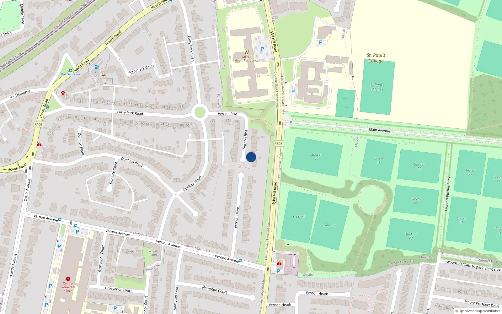 Overhead map showing the location of 18 Vernon Rise, Clontarf, Dublin 3
