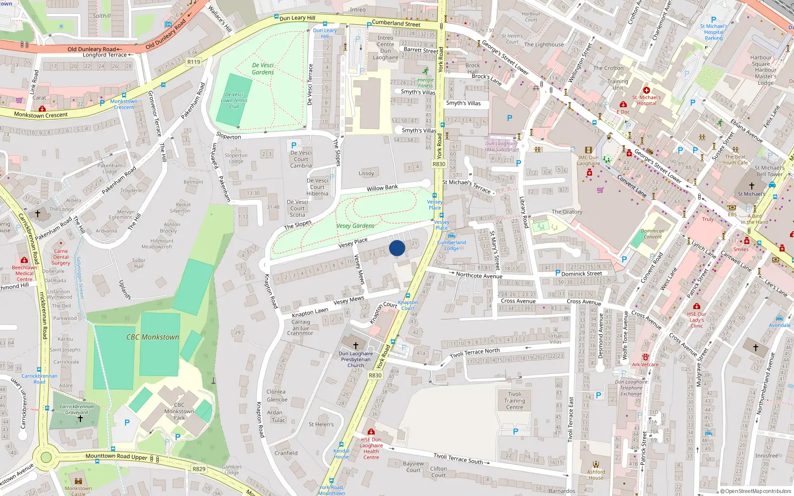 Overhead map showing the location of 18 Vesey Place, Dun Laoghaire, Co Dublin