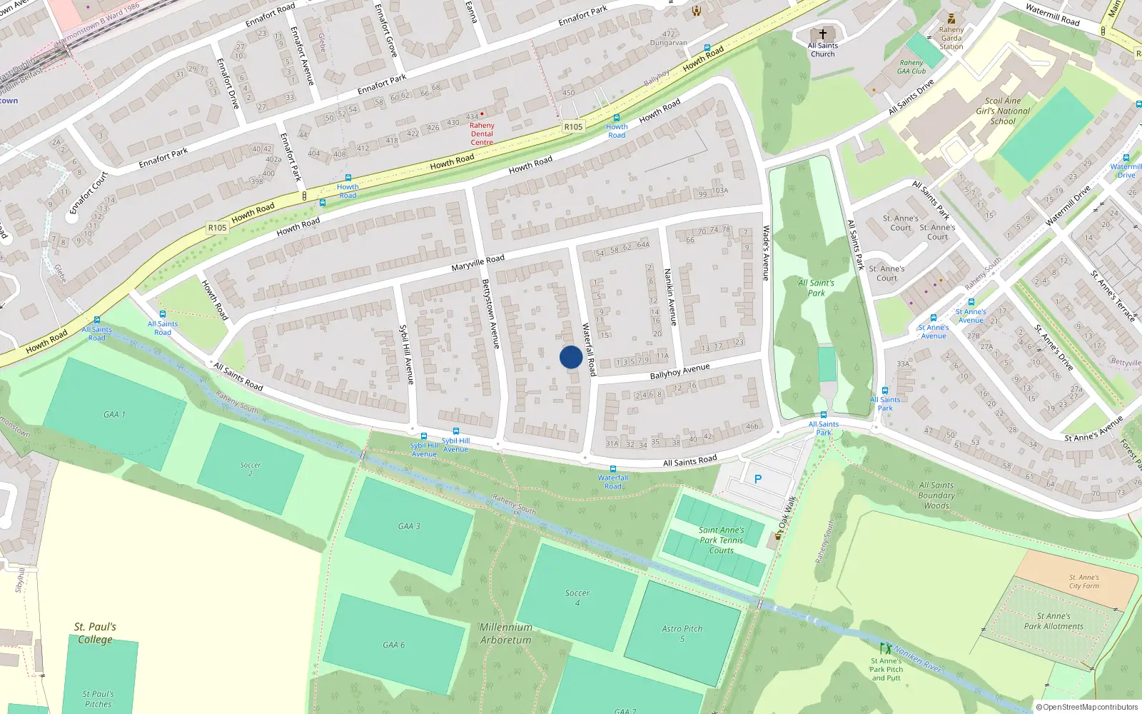 Overhead map showing the location of 18 Waterfall Road, Dublin 5