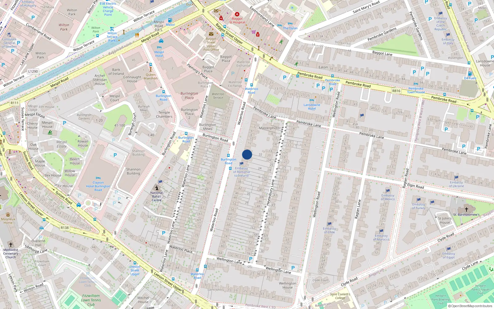 Overhead map showing the location of 18 Waterloo Road, Dublin 4