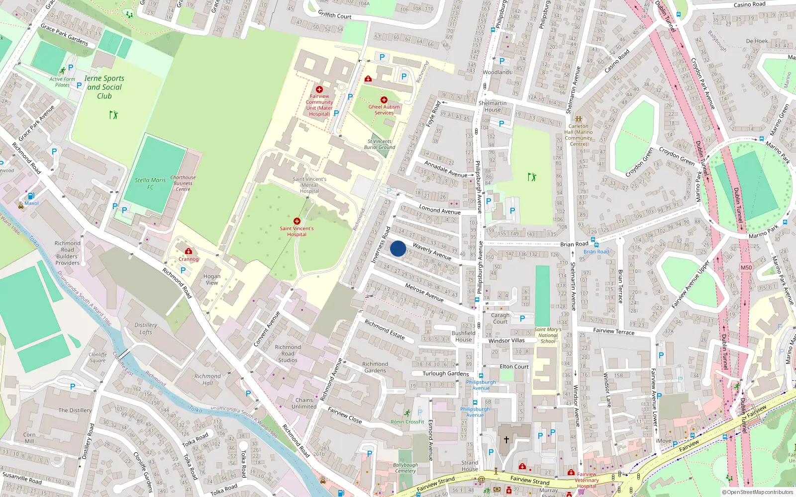 Overhead map showing the location of 18 Waverley Avenue, Fairview, Dublin 3