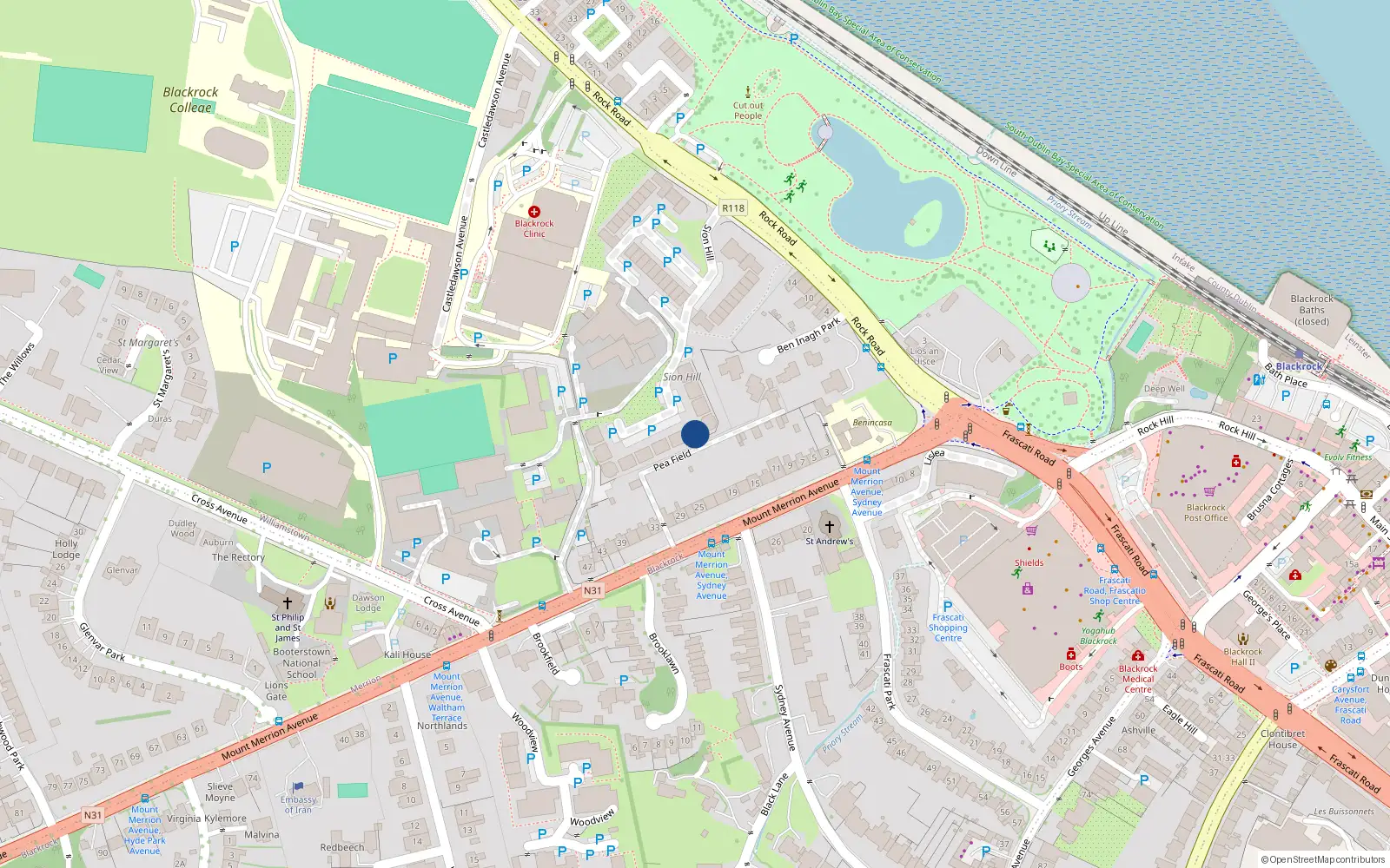 Overhead map showing the location of 18 Westfield, Sion Hill, Blackrock