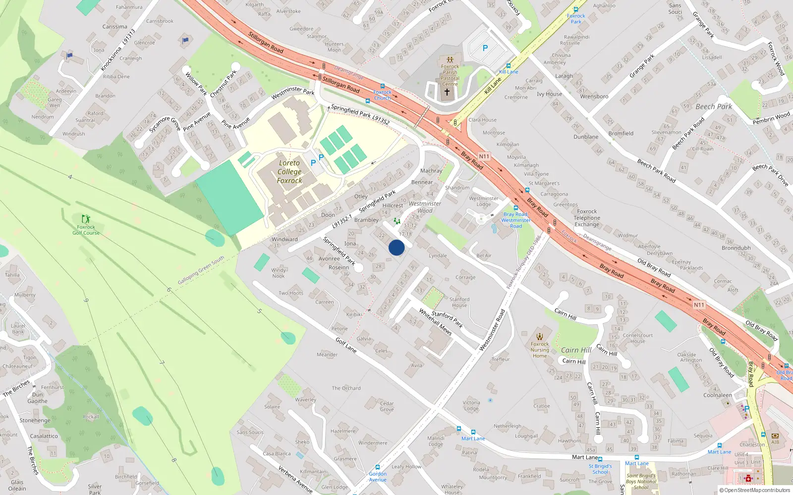 Overhead map showing the location of 18 Westminster Wood, Dublin 18