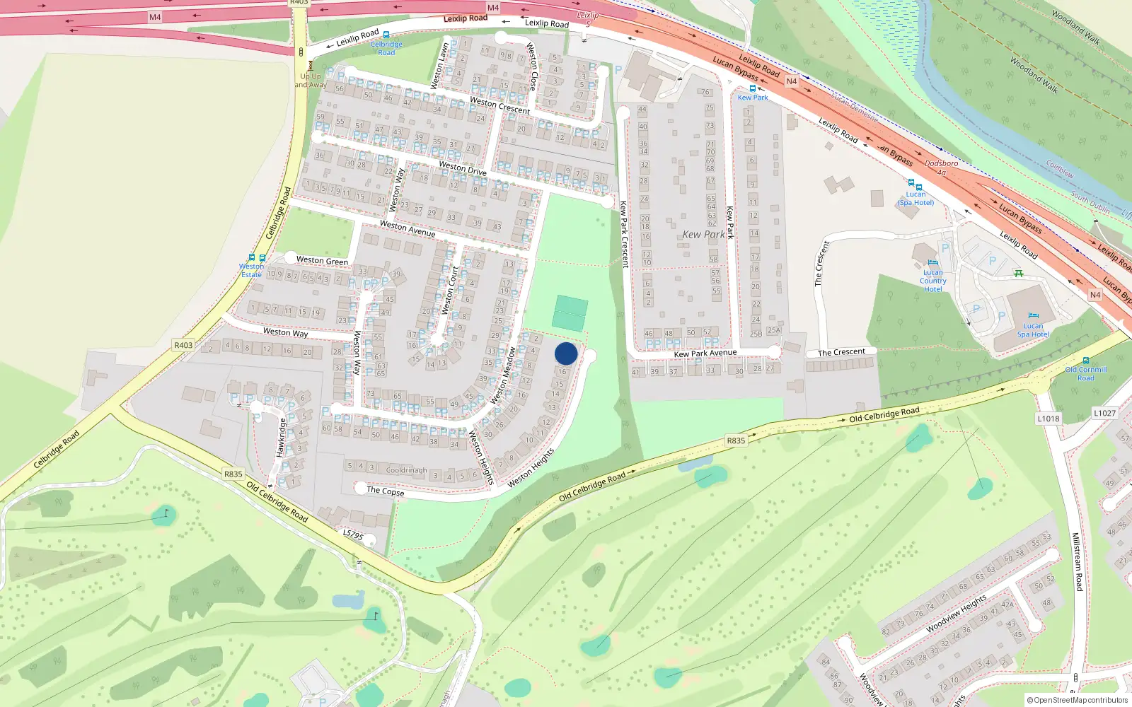 Overhead map showing the location of 18 Weston Heights, Lucan, Dublin