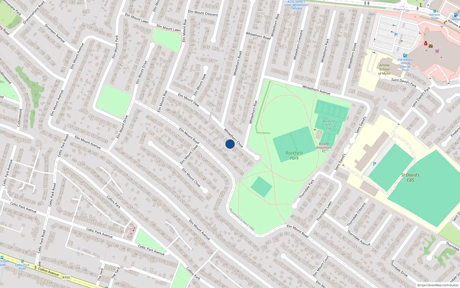 Overhead map showing the location of 18 Whitethorn Close, Dublin 5