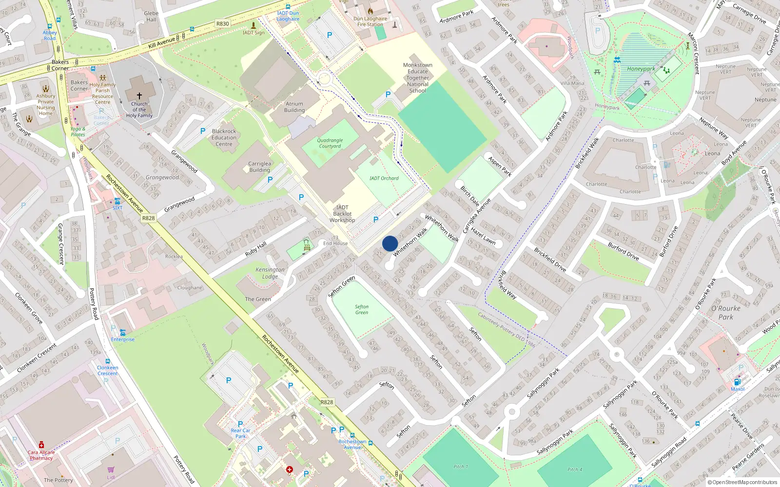 Overhead map showing the location of 18 Whitethorn Walk, Dunlaoghaire