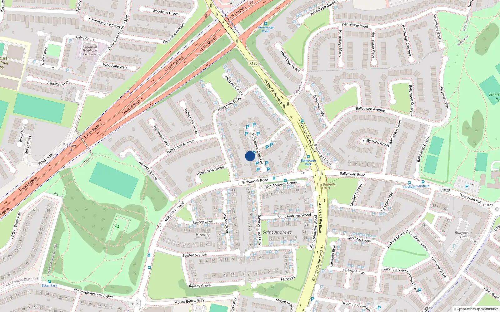Overhead map showing the location of 18 Willsbrook Crescent, Lucan