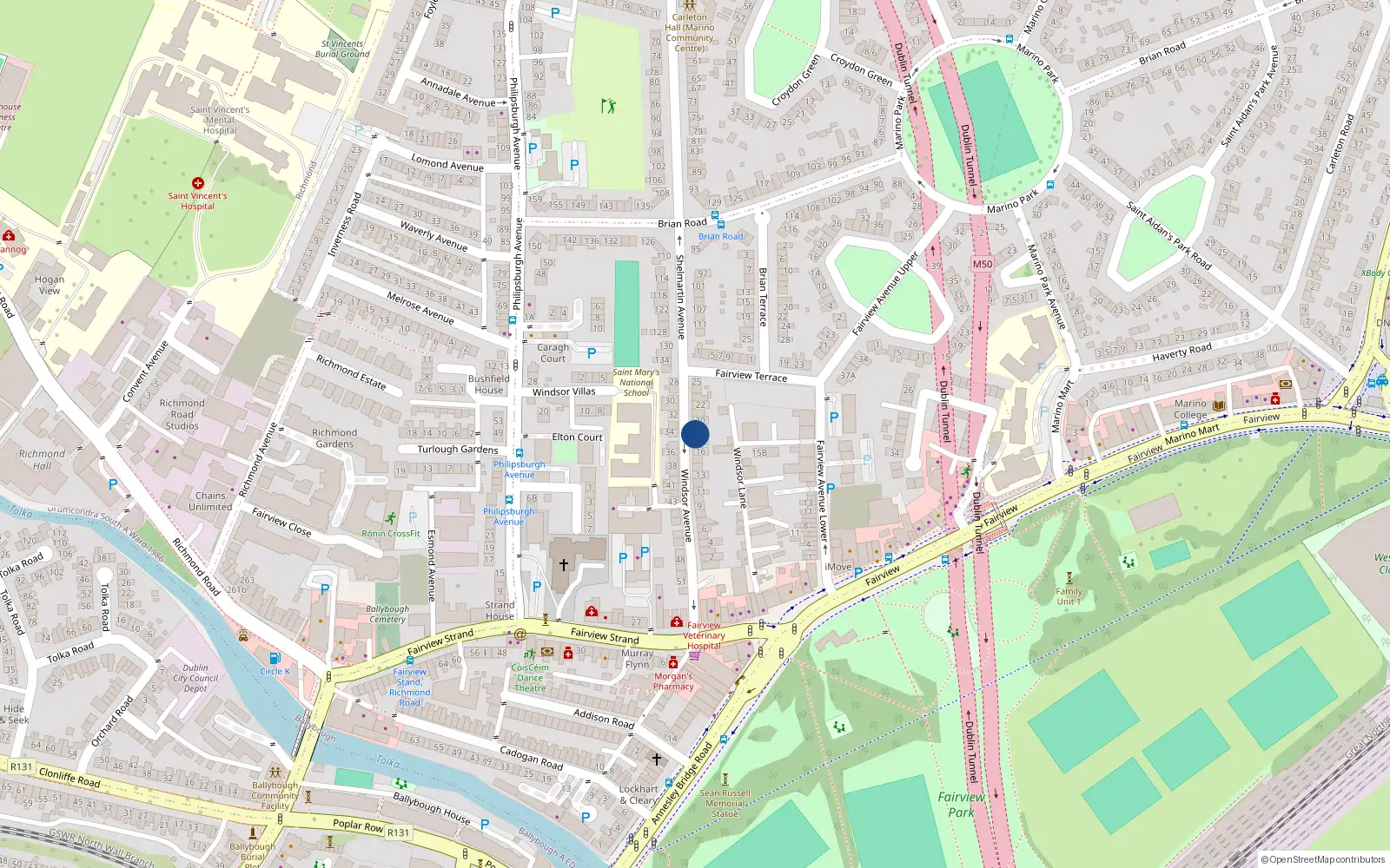 Overhead map showing the location of 18 Windsor Avenue, Fairview, Dublin 3