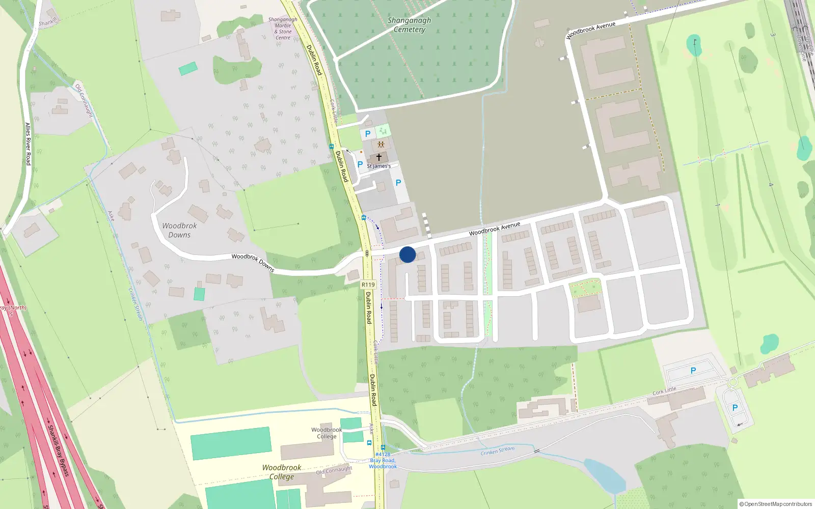 Overhead map showing the location of 18 Woodbrook, Shankill