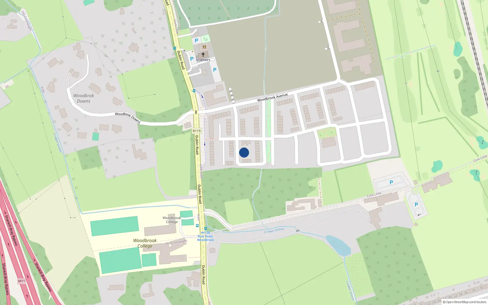 Overhead map showing the location of 18 Woodbrook Park, Bray