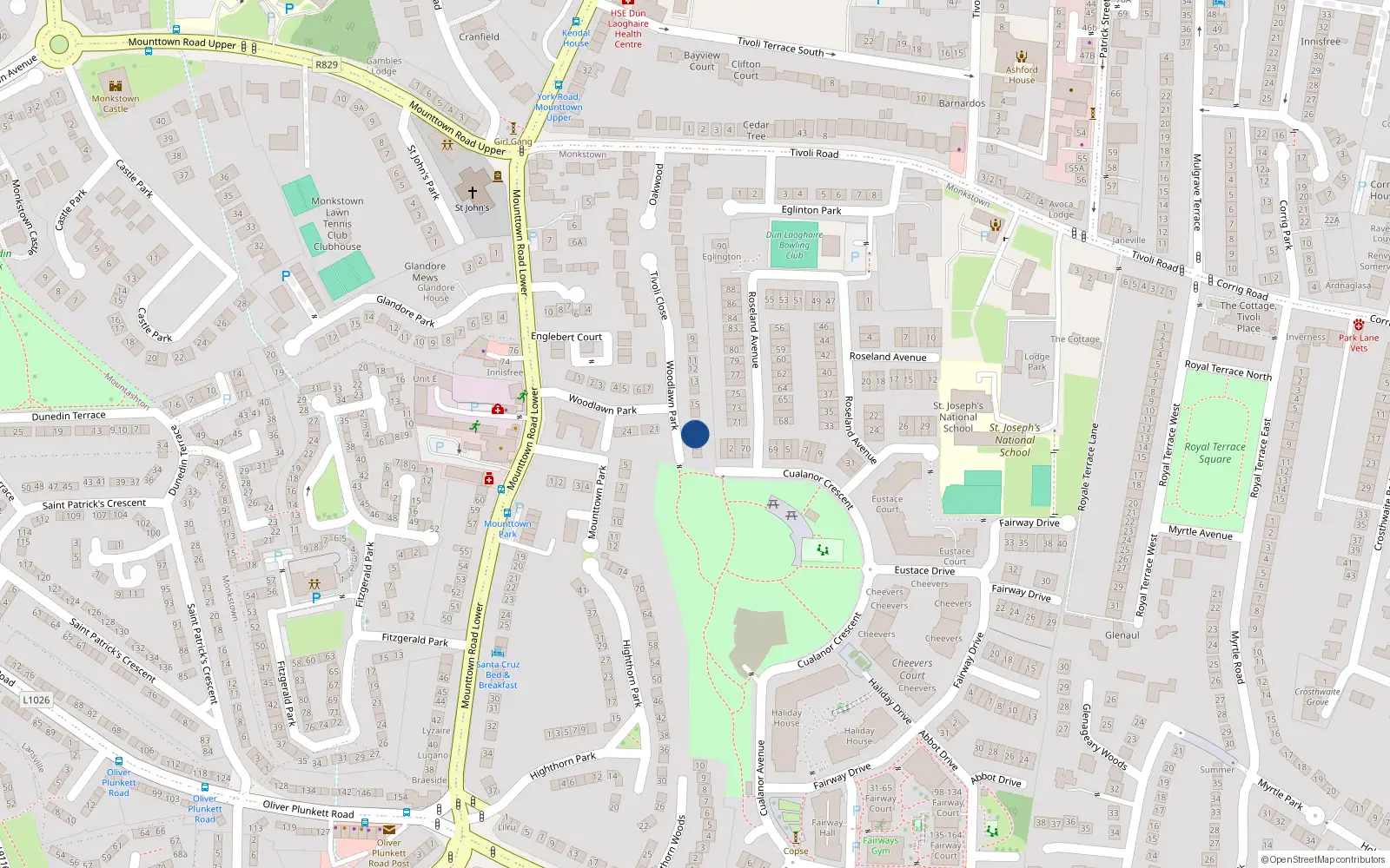 Overhead map showing the location of 18 Woodlawn Park, Mounttown, Dun Laoghaire