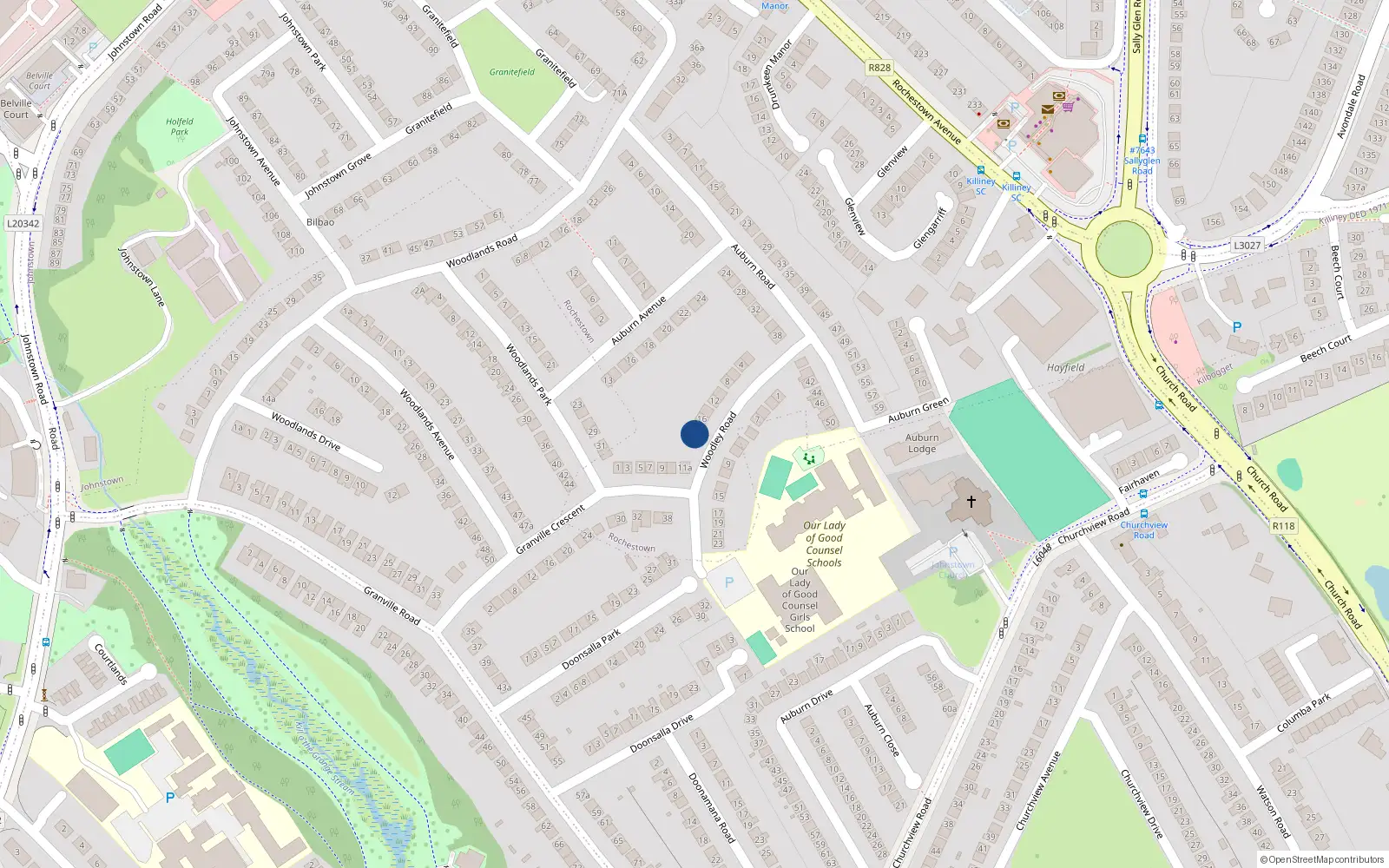Overhead map showing the location of 18 Woodley Road, Dublin