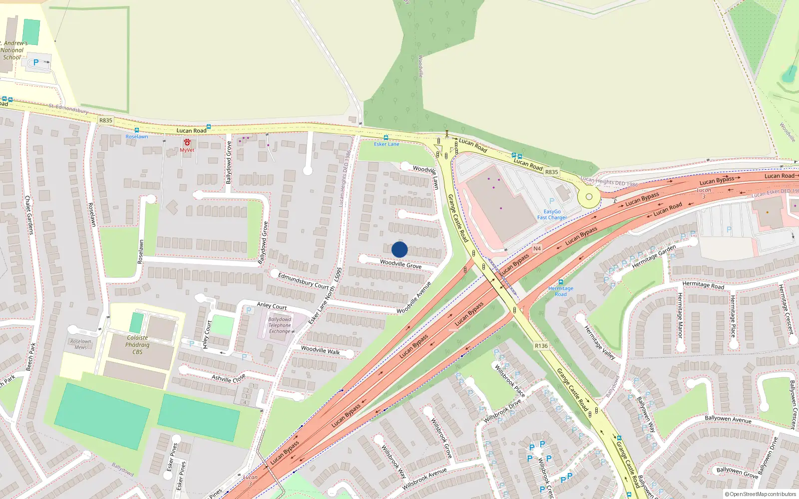 Overhead map showing the location of 18 Woodville Grove, Lucan