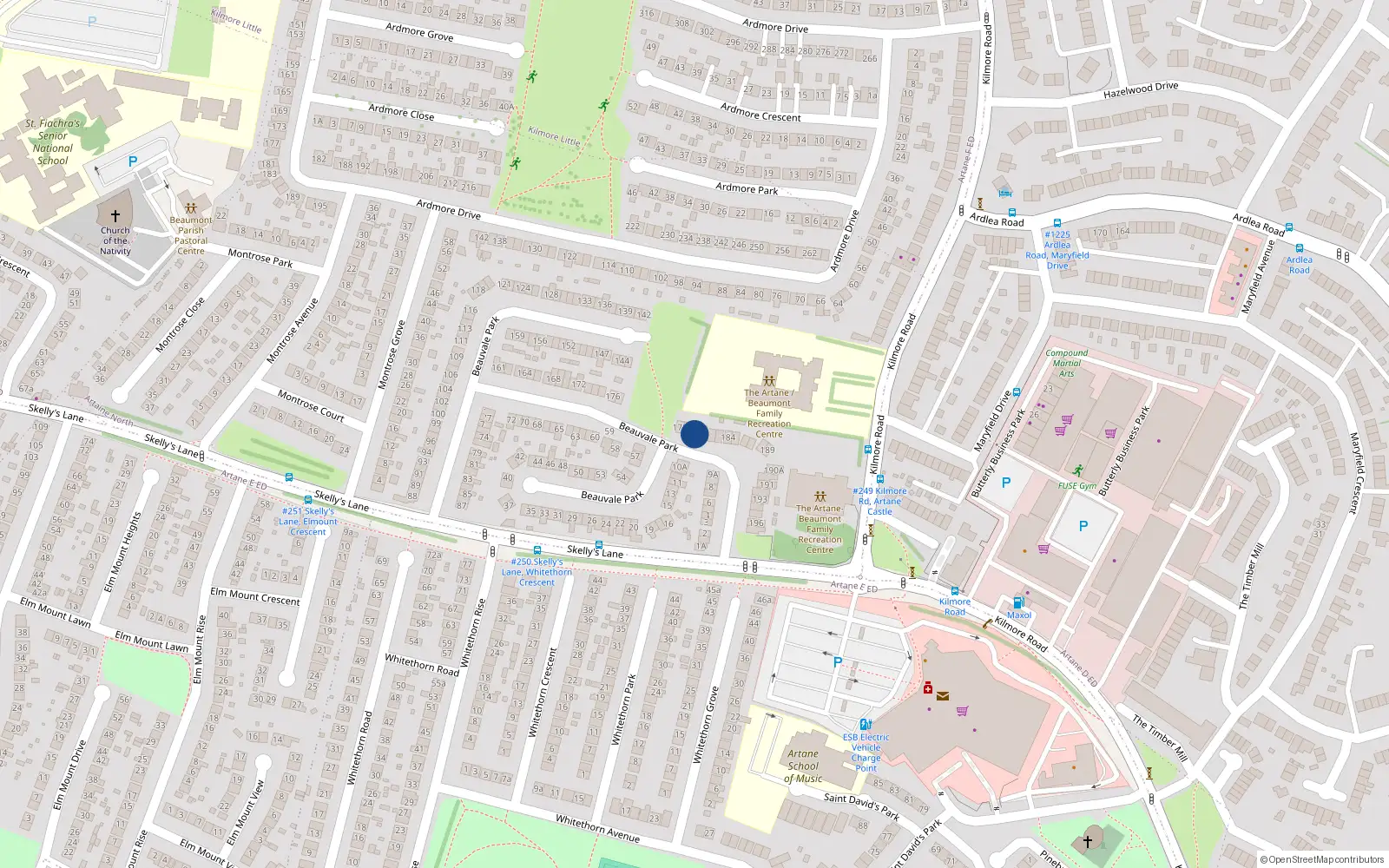 Overhead map showing the location of 180 Beauvale Park, Artane, Dublin 5