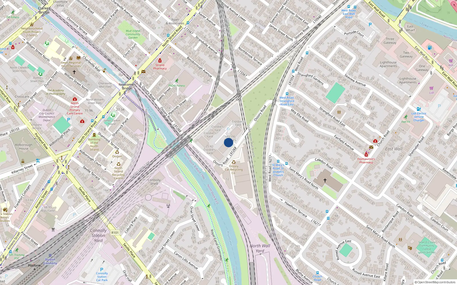 Overhead map showing the location of 180 Crosbies Yard, Ossory Road, Dublin 3