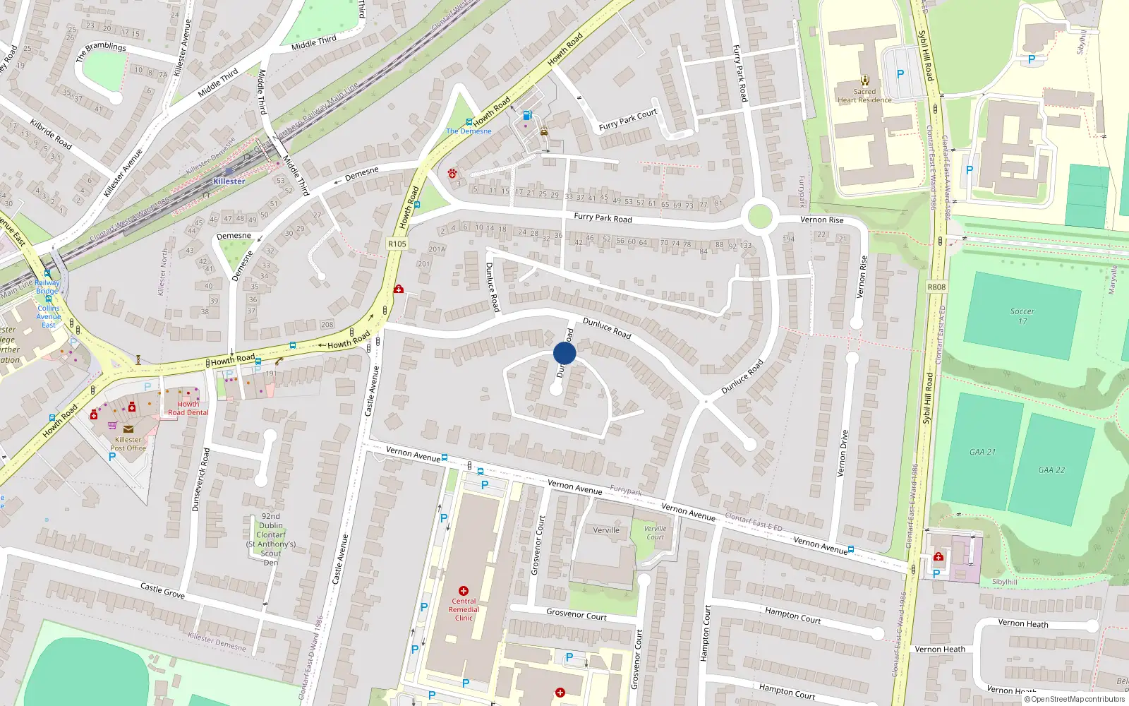 Overhead map showing the location of 180 Dunluce Road, Clontarf