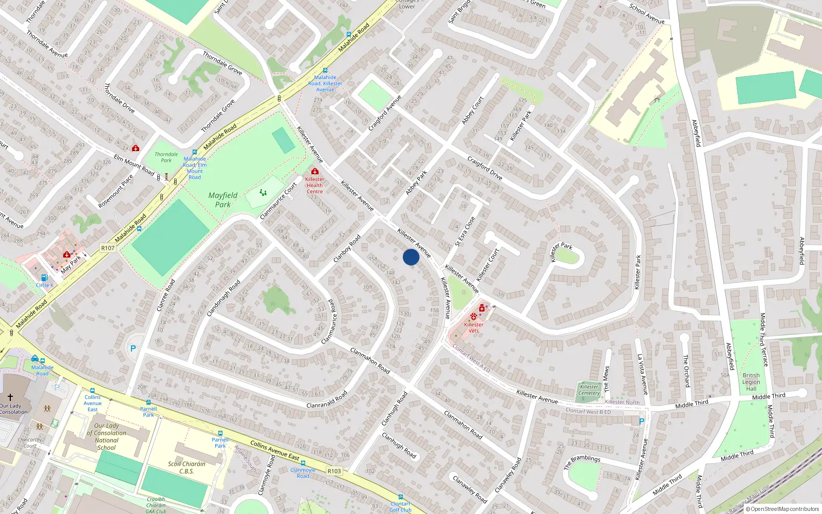 Overhead map showing the location of 180 Killester Avenue, Killester, Dublin 5