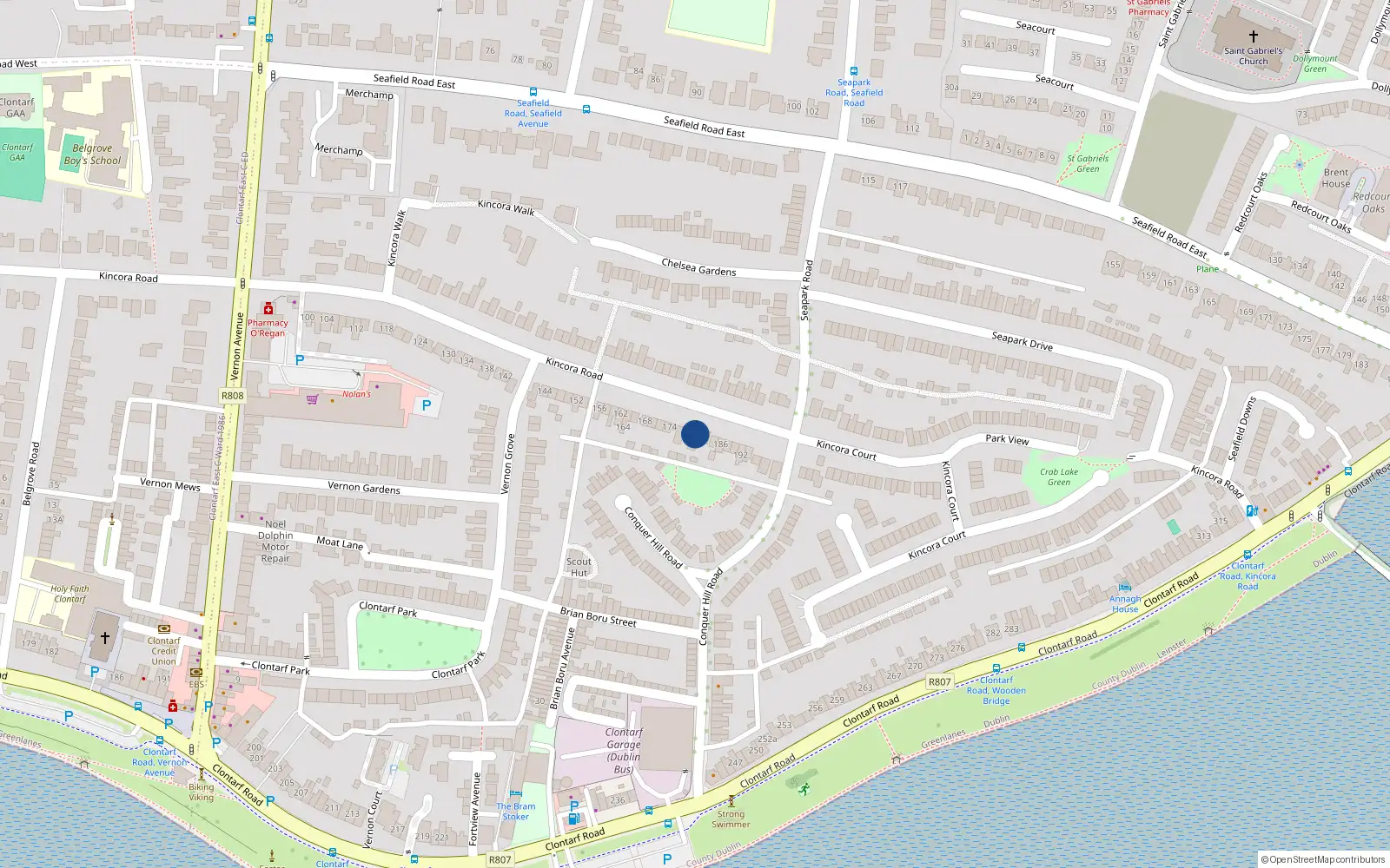 Overhead map showing the location of 180 Kincora Road, Dublin 3