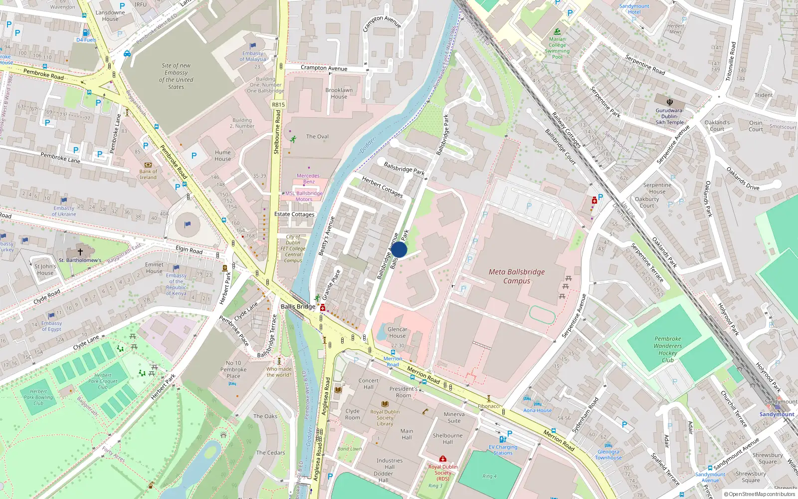Overhead map showing the location of 181 Sweepstakes, Ballsbridge Park, Ballsbridge