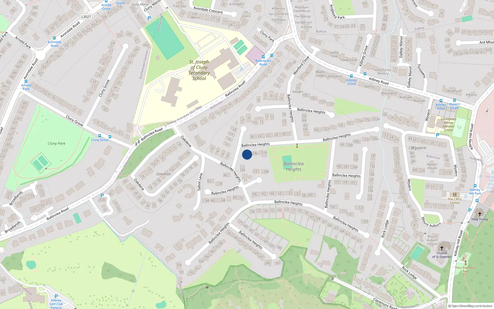 Overhead map showing the location of 182 Ballinclea Heights, Killiney
