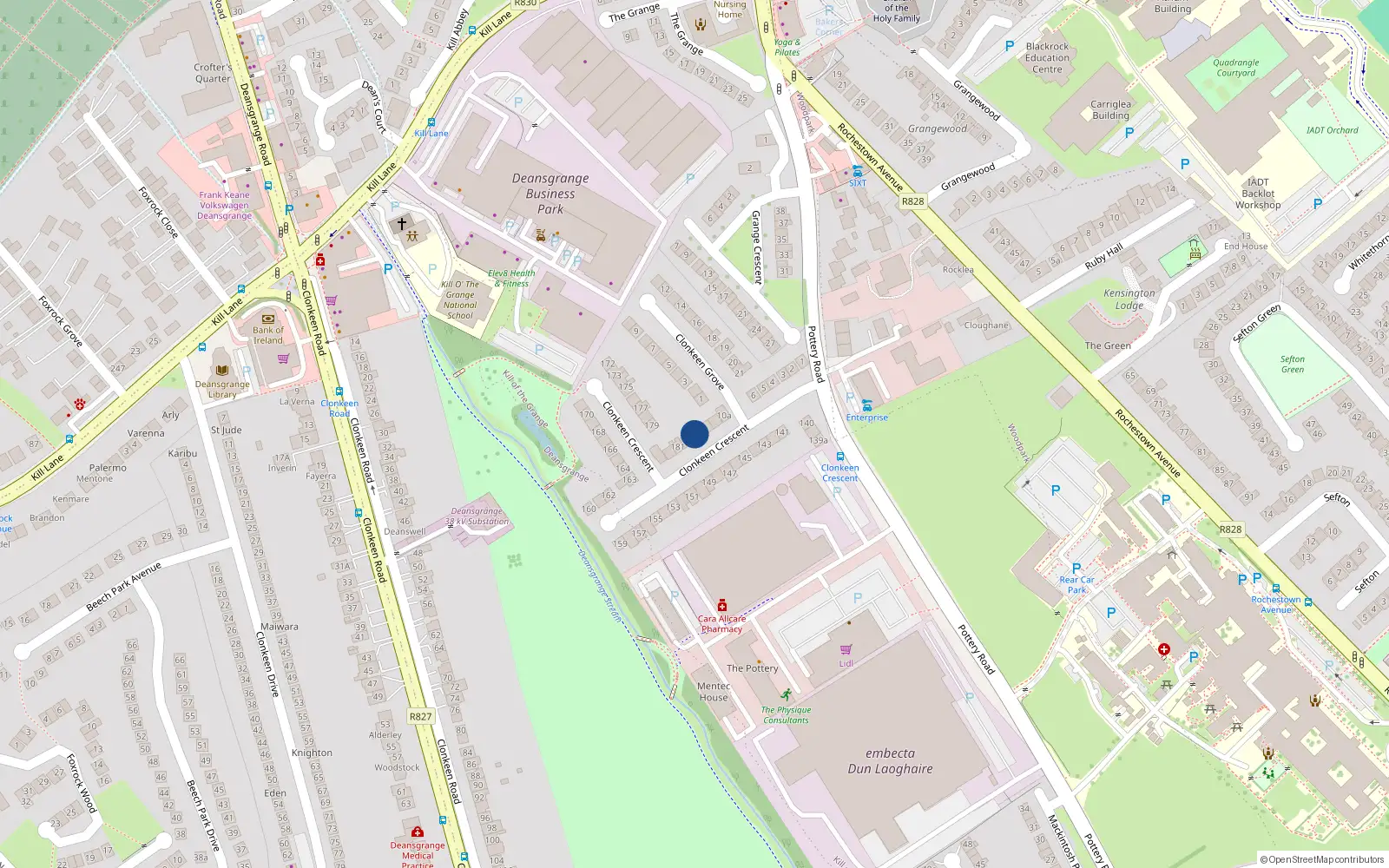 Overhead map showing the location of 182 Clonkeen Crescent, Dun Laoghaire