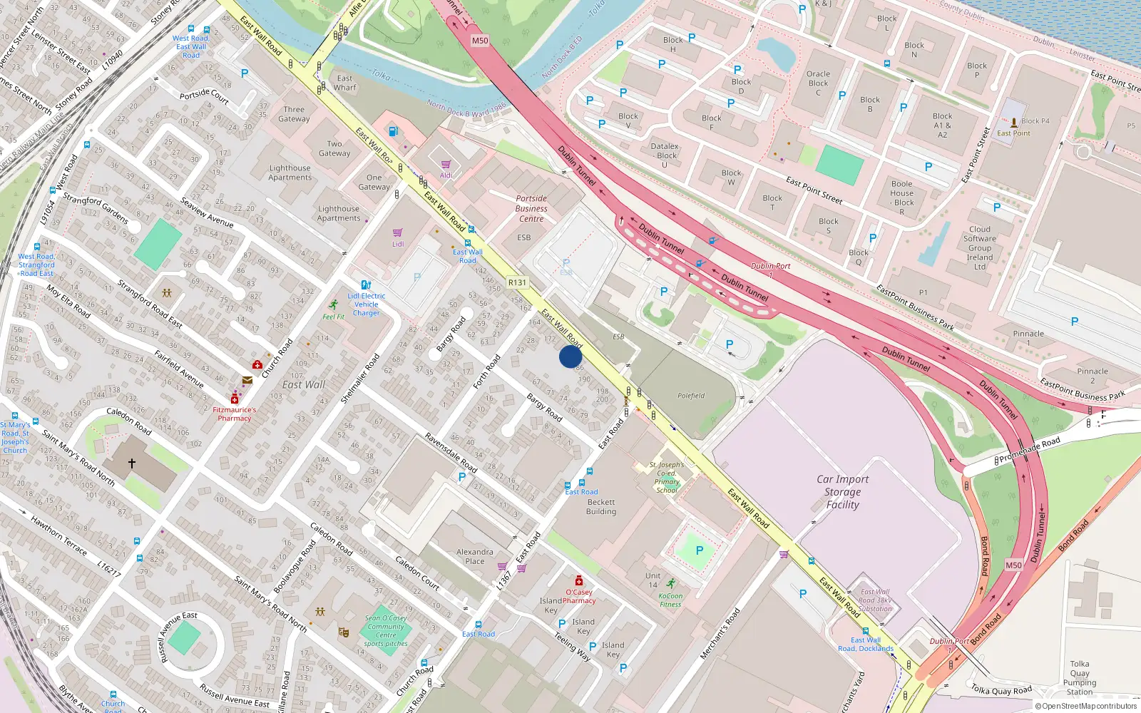 Overhead map showing the location of 182 East Wall Road, Dublin 3