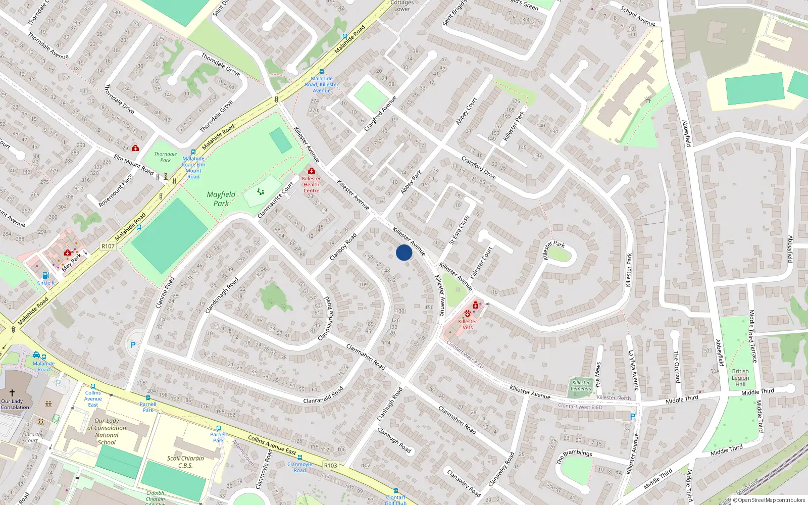 Overhead map showing the location of 182 Killester Avenue, Donnycarney, Dublin 5