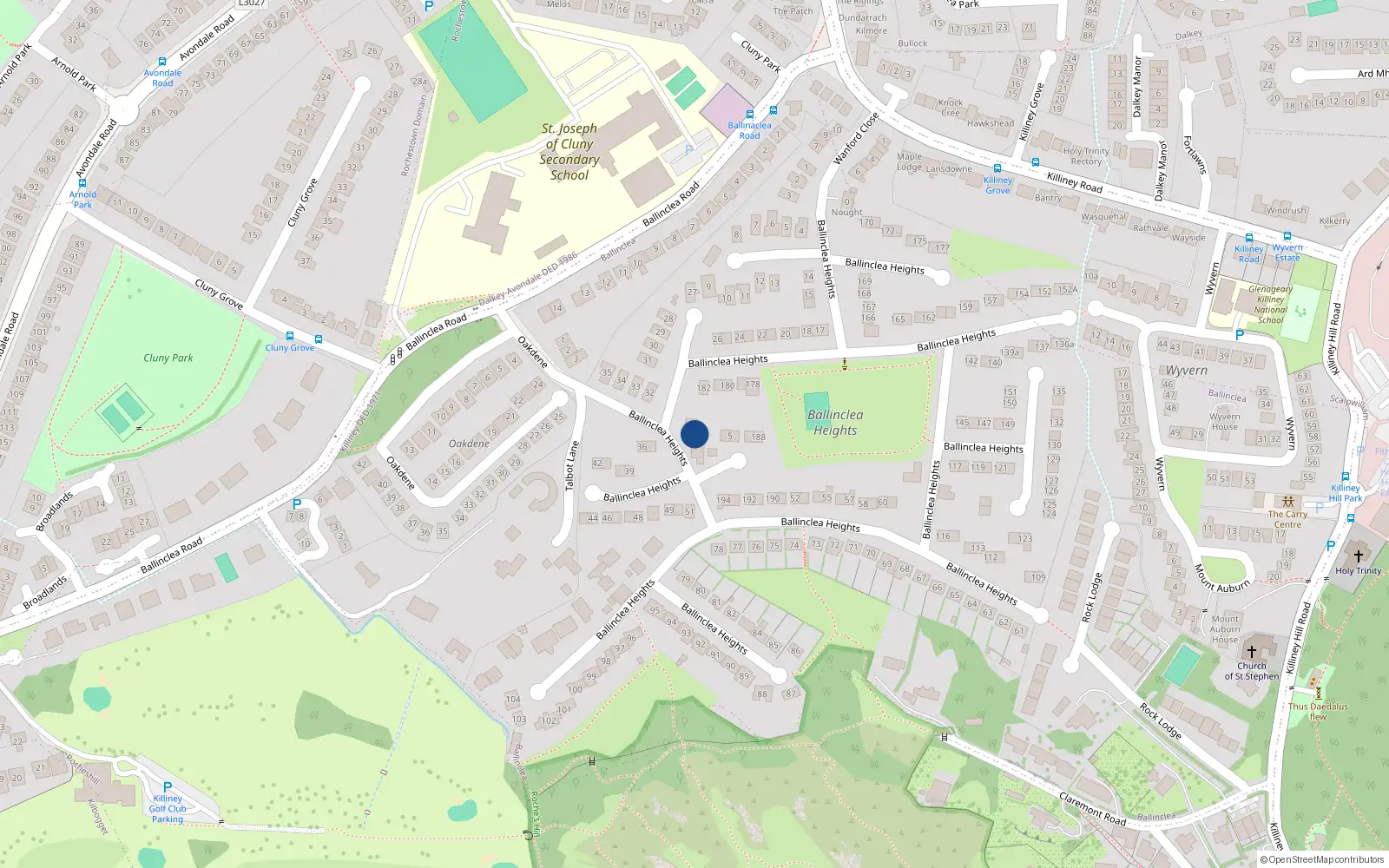 Overhead map showing the location of 183 Ballinclea Heights, Killiney