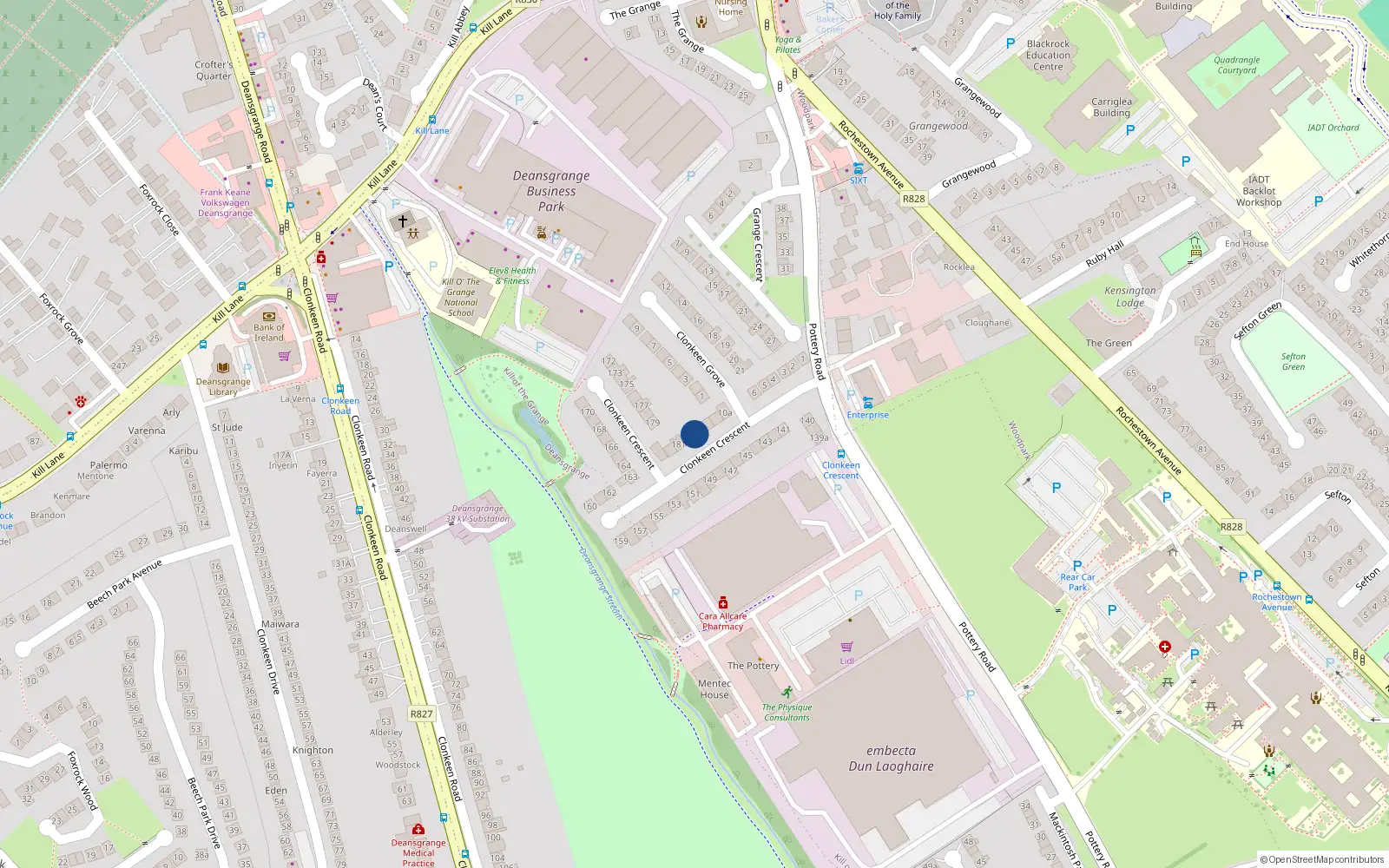 Overhead map showing the location of 183 Clonkeen Crescent, Pottery Road, Dun Laoghaire