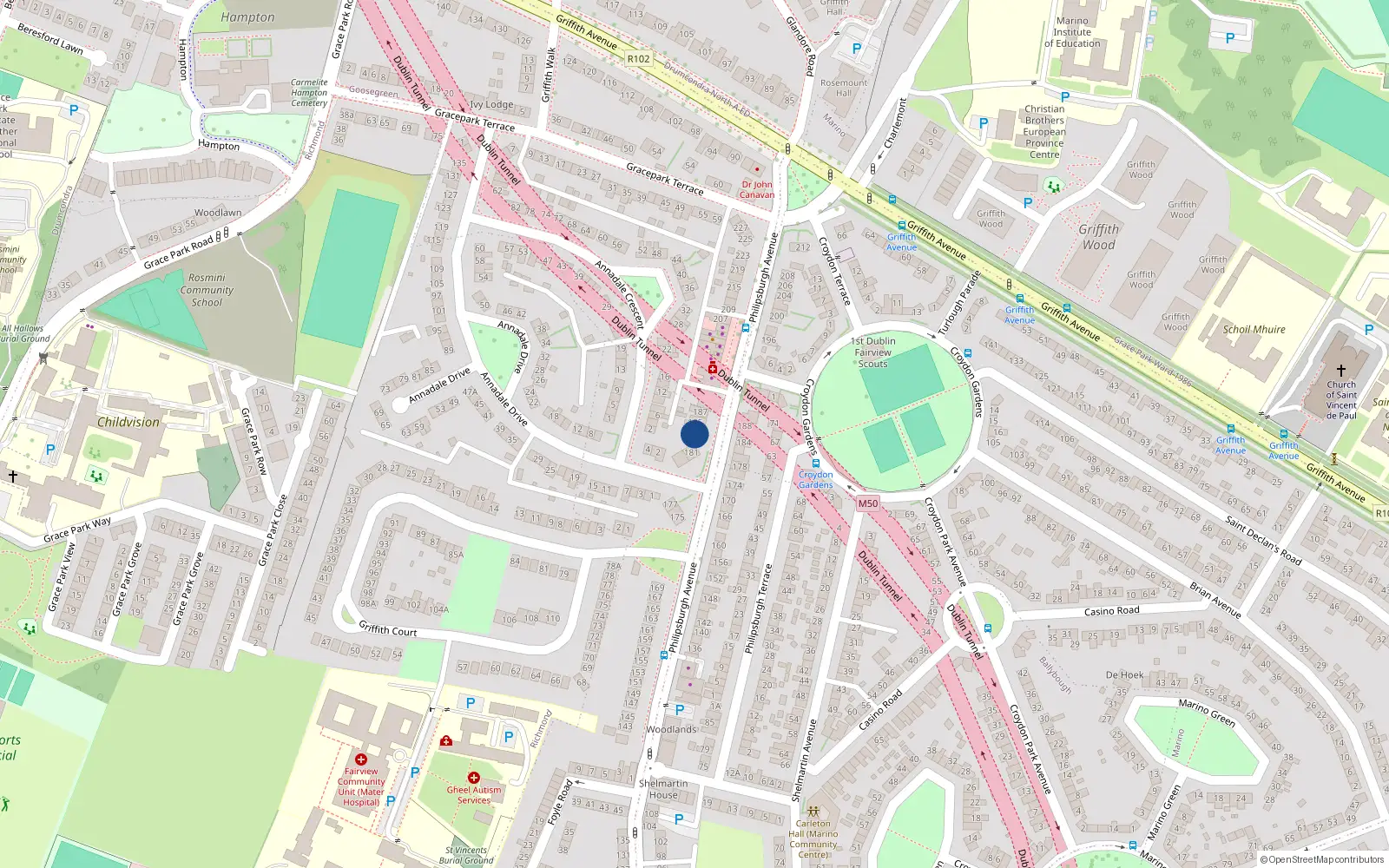 Overhead map showing the location of 183 Philipsbourg Avenue, Fairview, Dublin 3