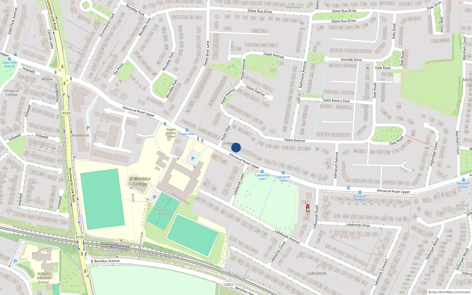 Overhead map showing the location of 183 Kilmacud Road Upper, Blackrock