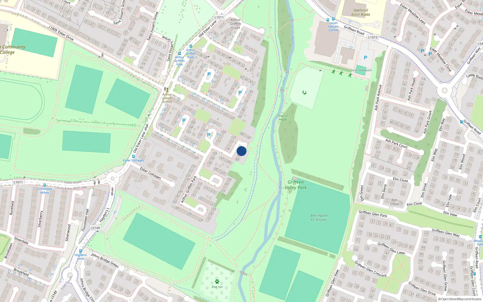 Overhead map showing the location of 184 Arthur Griffith Park, Lucan, Dublin