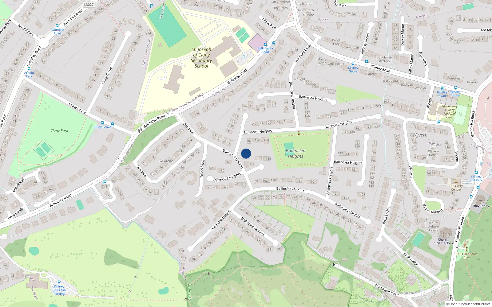 Overhead map showing the location of 184 Ballinclea Heights, Killiney