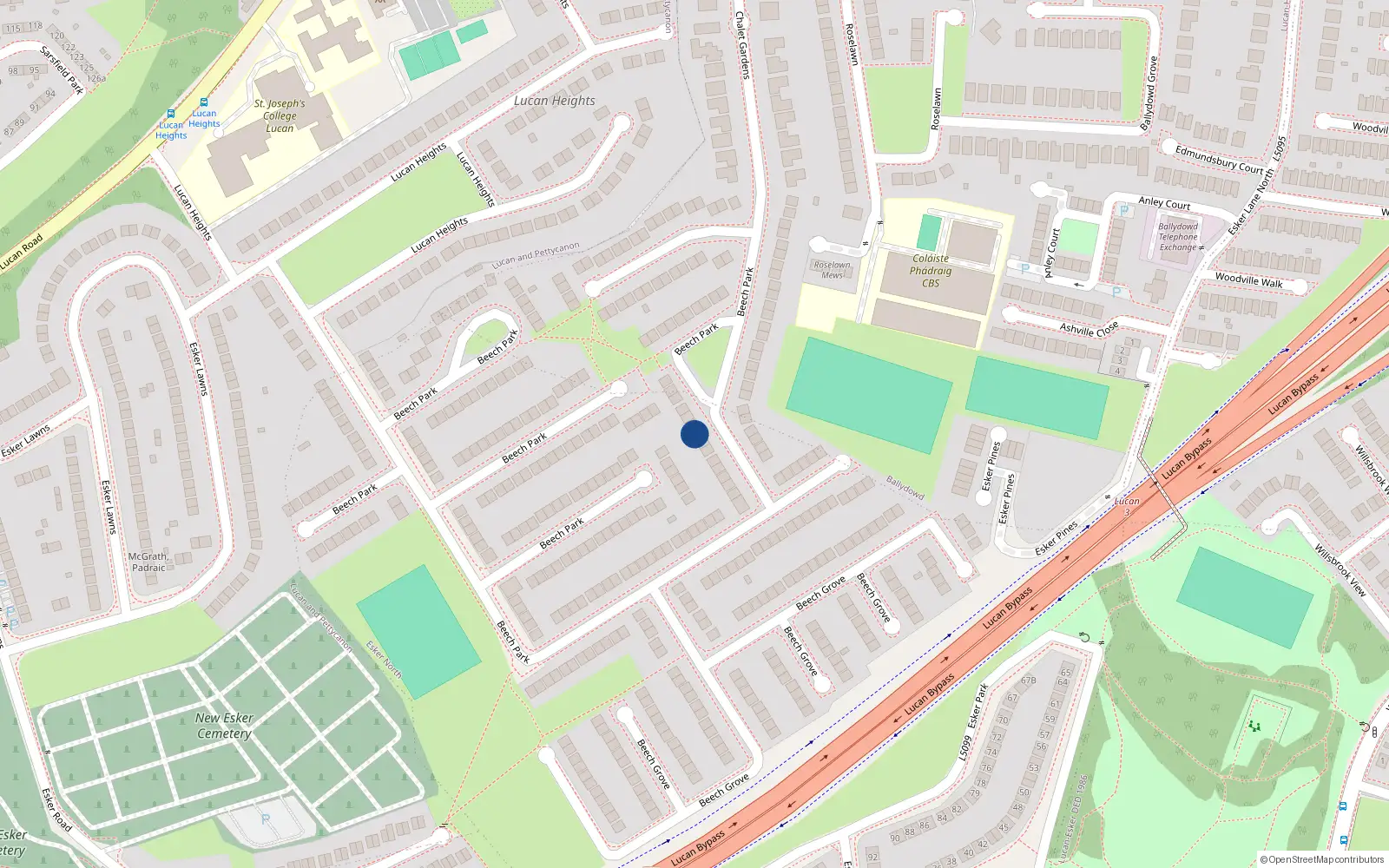 Overhead map showing the location of 184 Beech Park, Lucan, Co Dublin