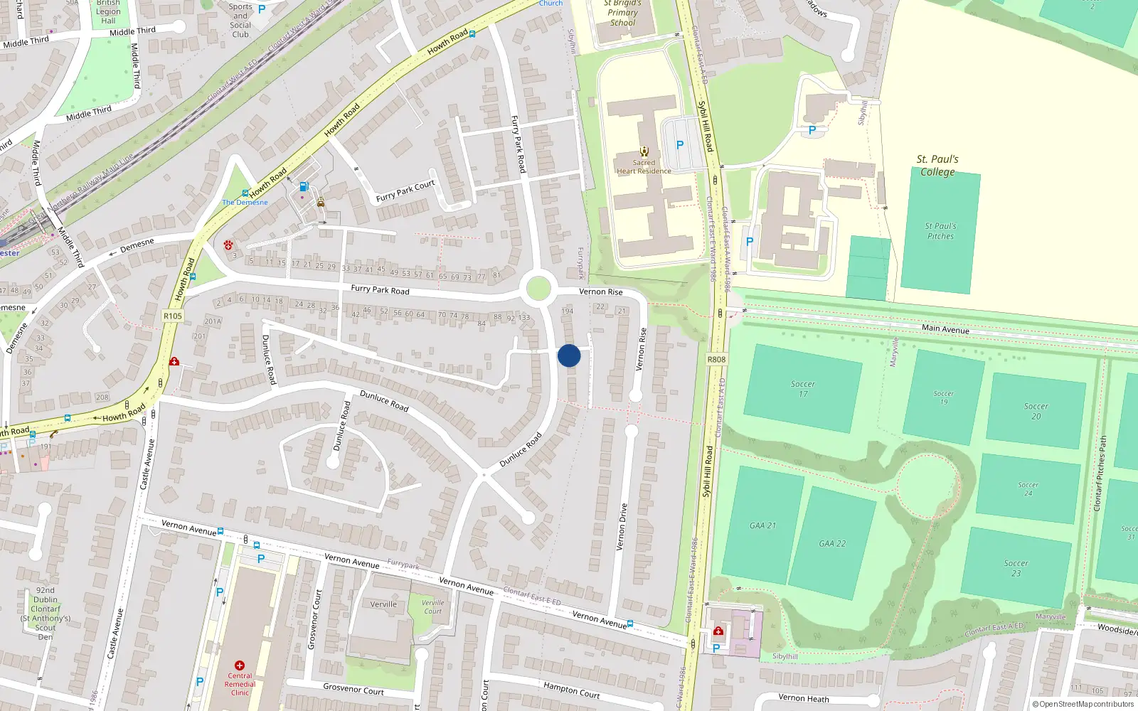 Overhead map showing the location of 184 Dunluce Road, Dublin 3