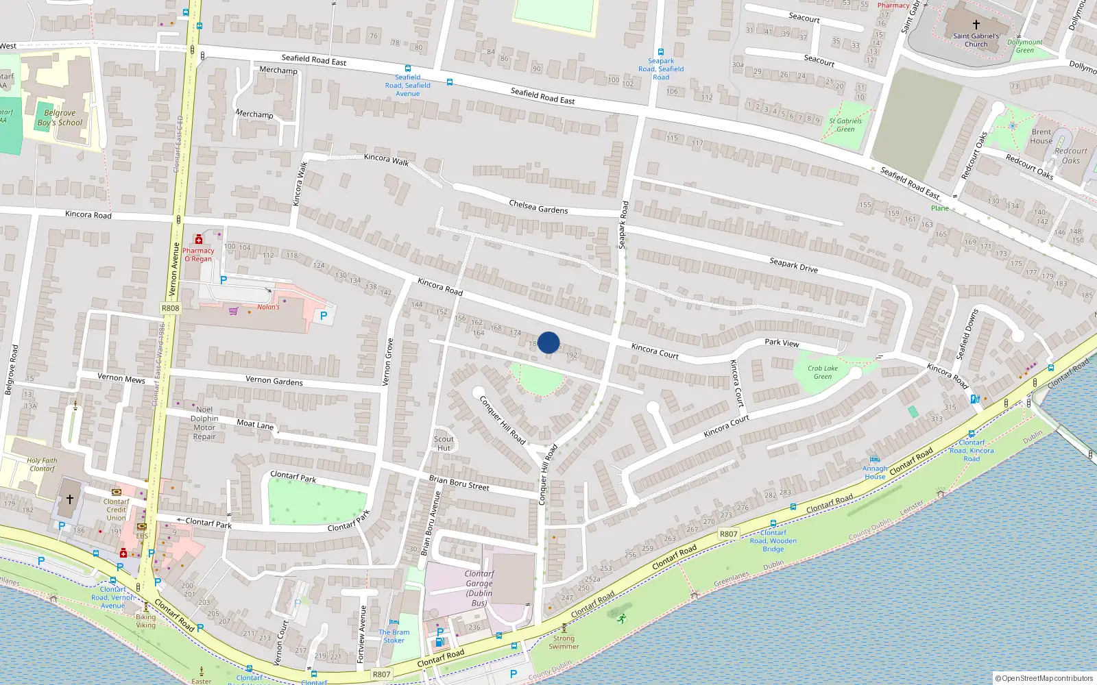 Overhead map showing the location of 184 Kincora Road, Dublin 3