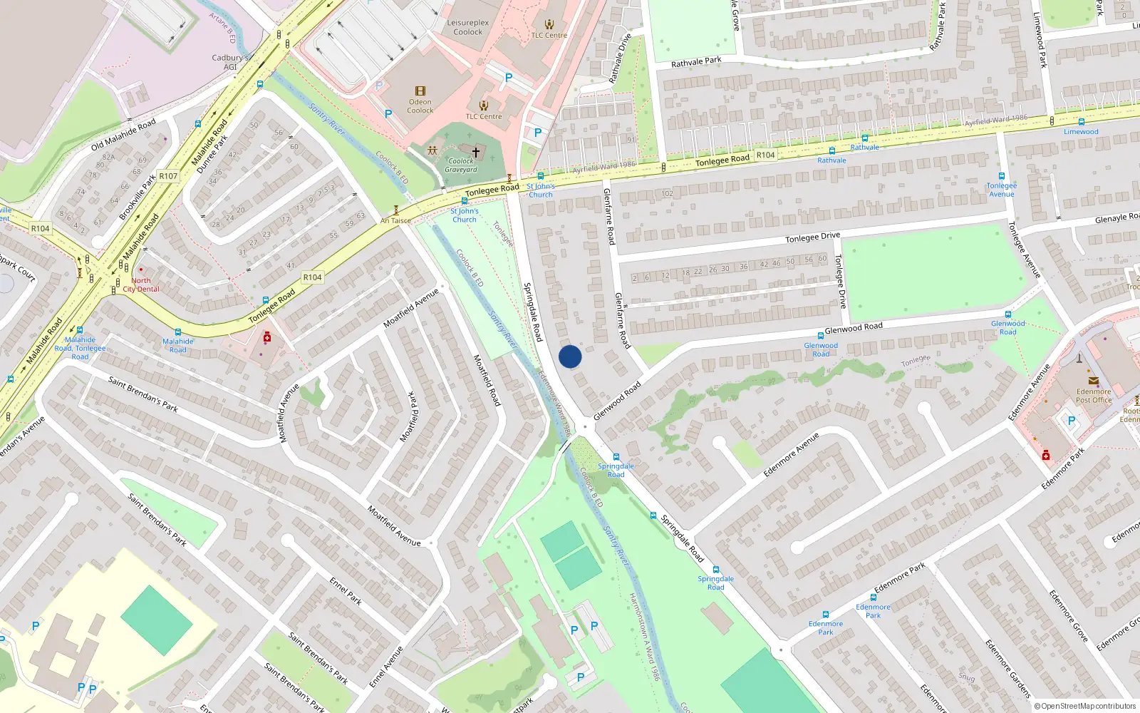 Overhead map showing the location of 184 Springdale Road, Dublin 5