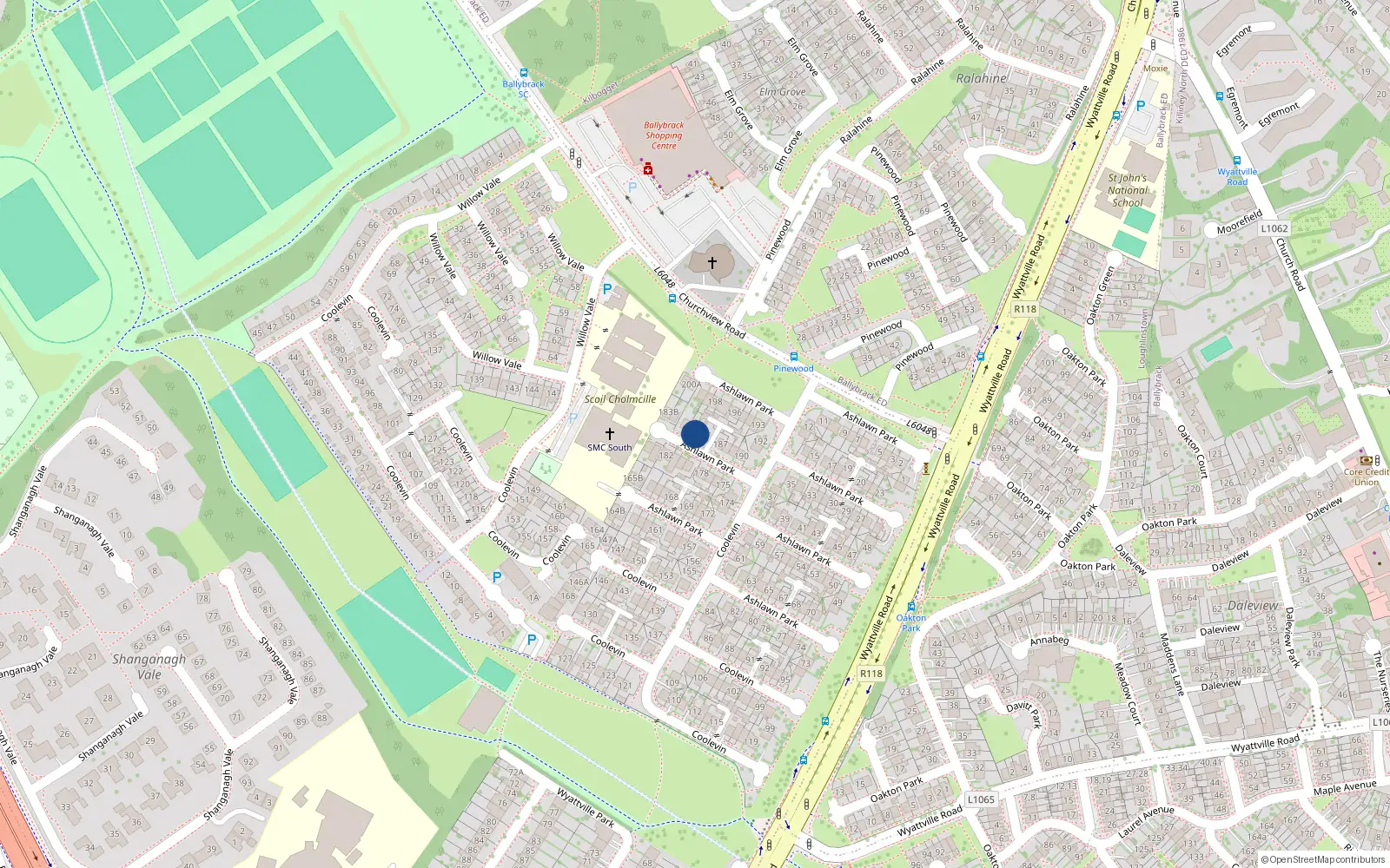 Overhead map showing the location of 185 Ashlawn Park, Ballybrack, Dublin