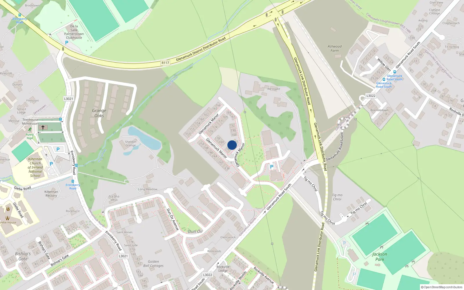 Overhead map showing the location of 185 Glenamuck Manor, Dublin 18