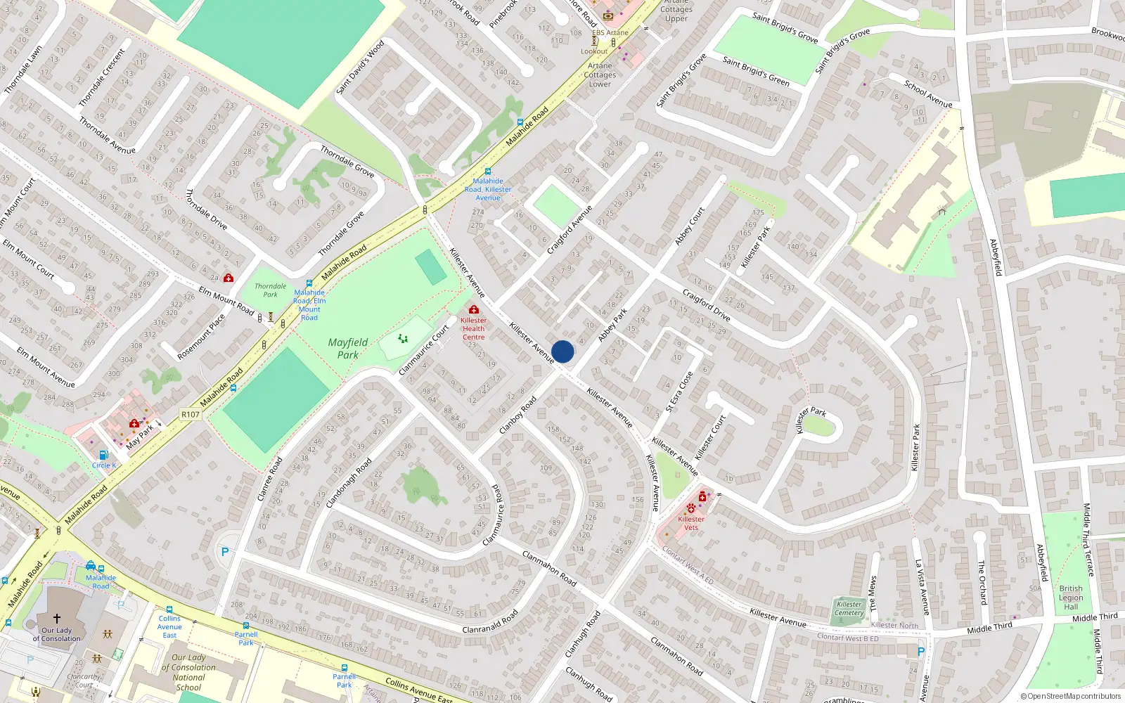 Overhead map showing the location of 185 Killester Avenue, Killester, Dublin 5