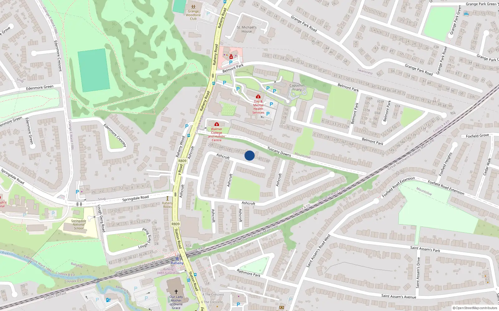 Overhead map showing the location of 185C Ashcroft, Raheny, Dublin 5
