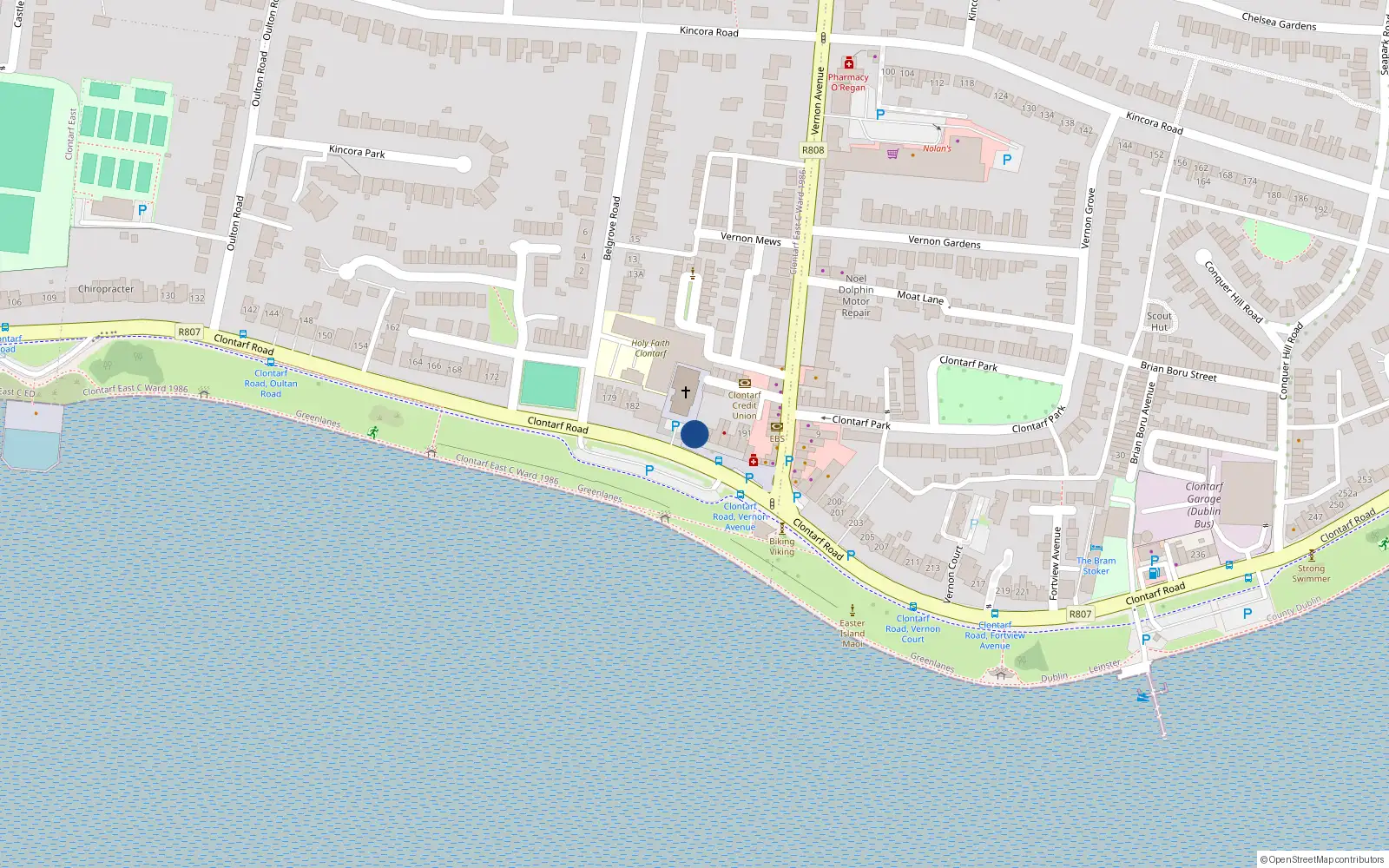 Overhead map showing the location of 186 and 187 Clontarf Road, Clontarf, Dublin 3