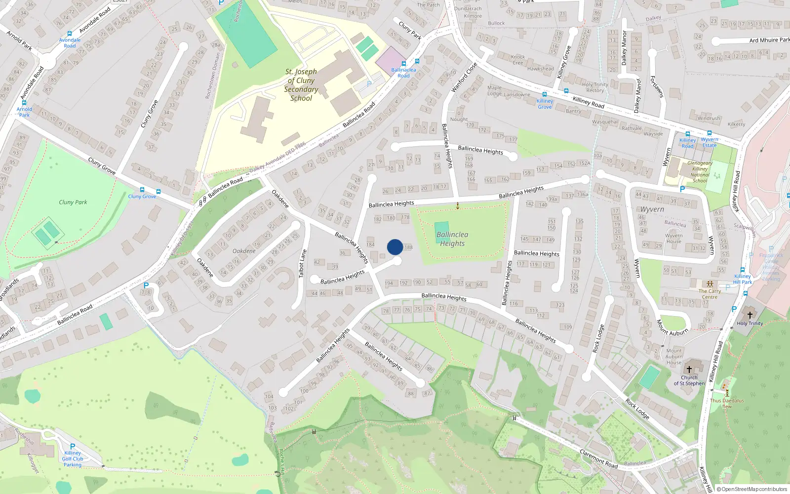 Overhead map showing the location of 186 Ballinclea Heights, Killiney